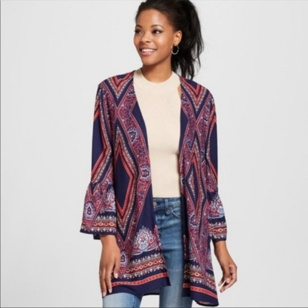 Xhilaration Navy Blue Paisley Bell Sleeve Kimono size XS/S
